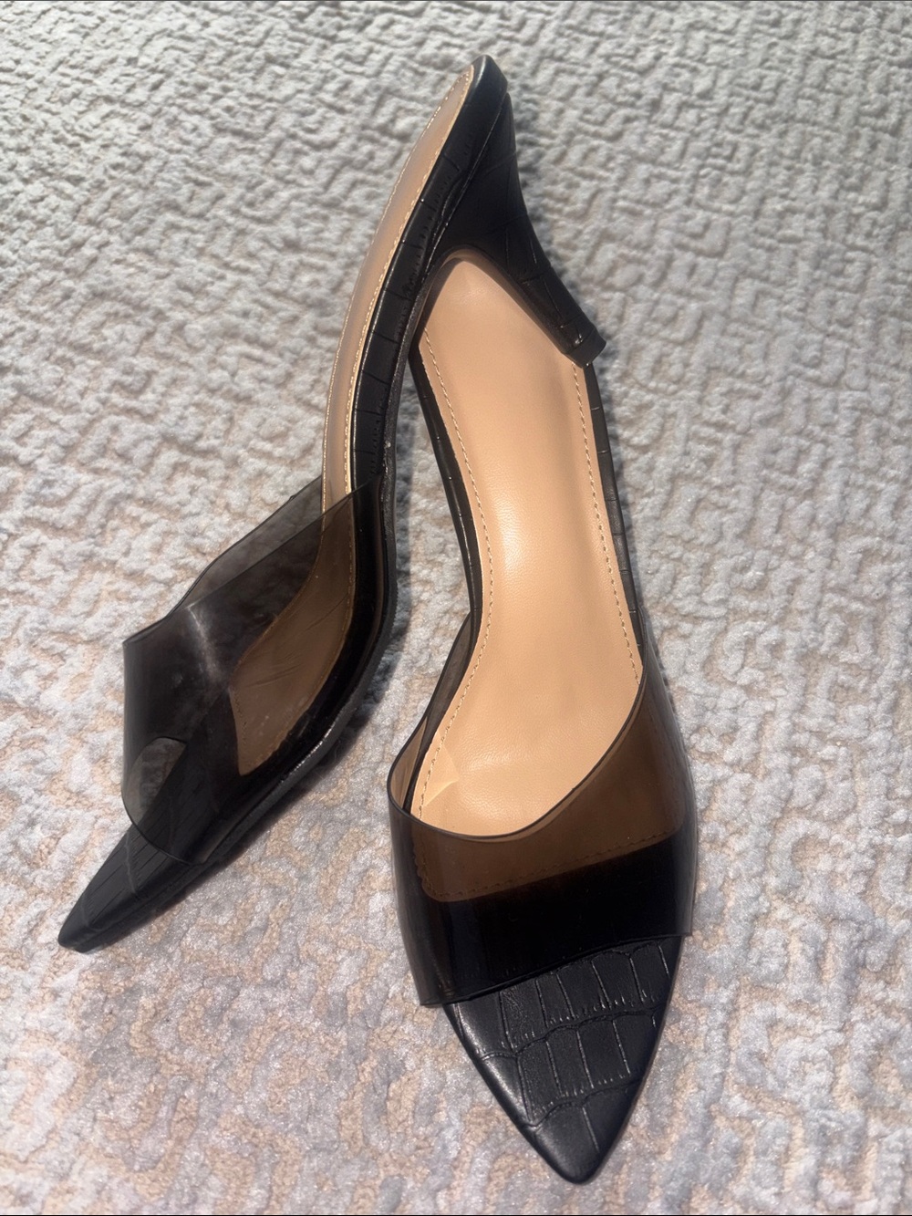 Black Pointed Toe Clear Panel Kitten Heel
